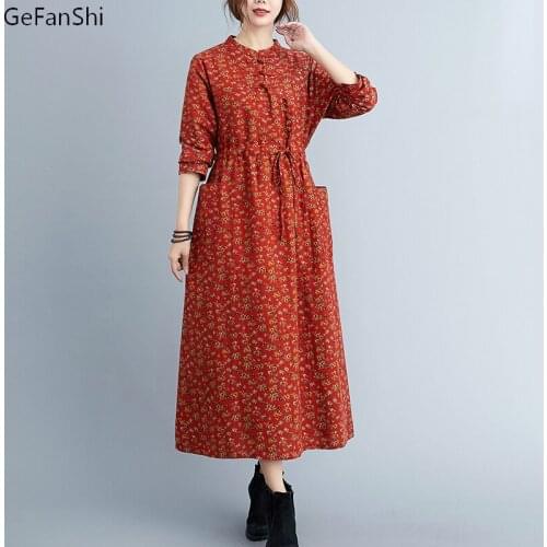 2021 New Autumn Winter Women Dresses Casual Long Sleeve Loose Floral Print Dress Fashion Elegant Long Dress Clothing Robe
