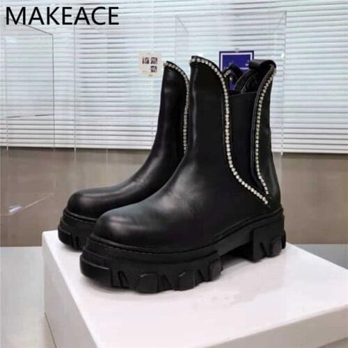 Black flat Real leather Round toe Short Boots Woman Rhinestone Decoration Mid-heel Square Heel Hedging Boots Women 2021Autumn