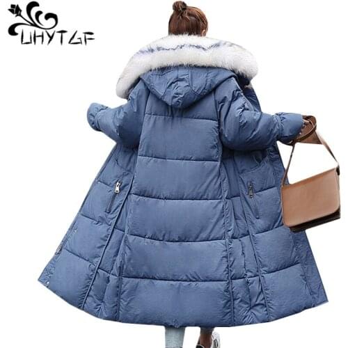 UHYTGF Long parkas mujer fashion fur collar hooded winter down jacket cold warm womens coat Casual loose plus size outerwear 909