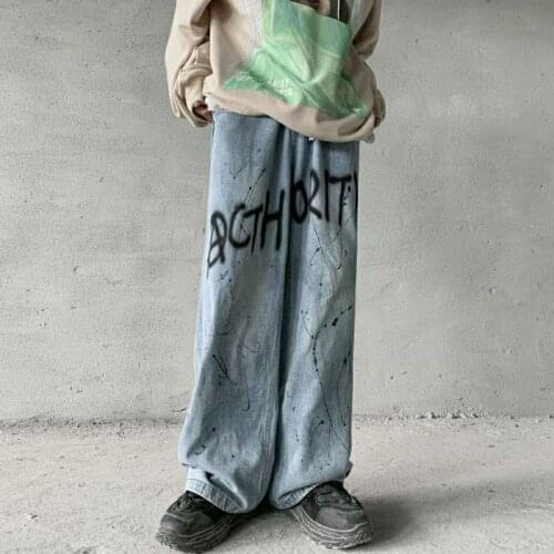 Oversized Denim Jeans for Men Pants Women Retro Distressed Wash Graffiti Inkjet Straight Wide-leg Trousers Punk Goth Clothes