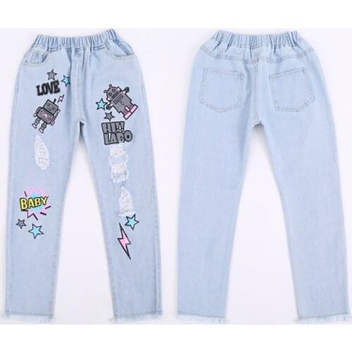Spring Summer girls jeans baby pants kids trousers children streetwear bottoms fashion ripped big hole wide leggings 3 to 12 yrs