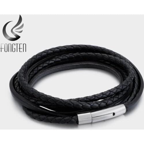 Fongten Genuine Leather Bracelet Black Color With Stainless Steel Buckle Easy Hook Bangle For Cool Boys men Gift