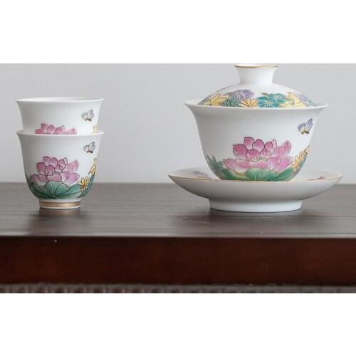 Ceramic Whiteware Cover Bowl Blue Pattern Three-Force Cover Bowl Single Large Thin Tire Kung Fu Tea Set Tea Bowl Gaiwan Ceramic