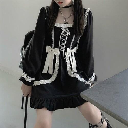 Japanese Gothic Lolita Dress Kawaii Lace Lace Up Bow Sweety Ruffles Dress Soft Girl Harajuku Puff Sleeve Black Dress Women Dress