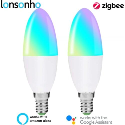 Lonsonho Zigbee Led Candle Light E14 Smart Bulb Lamp RGB+CCT 5W Works with Smartthings Echo Plus Tuya Zigbee HUB 2 Pack