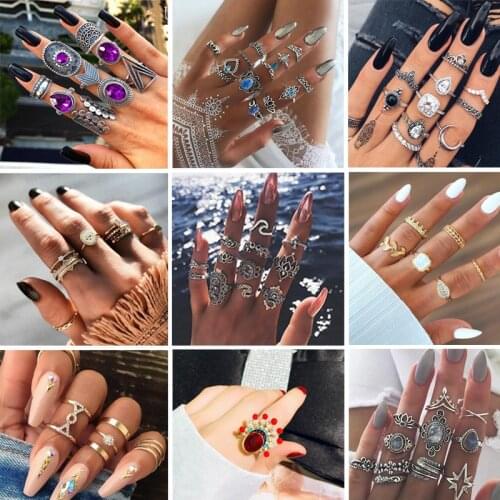 Bohemia Women Rings Fashion Crystal Metal Moon Crown Leaf Feather Crystal Gems Joint Ring Set Party Jewelry Ring Set For Women