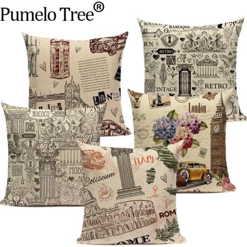 European Style Cushion Cover London City Retro Bus Car Decorative Throw Pillowcase Italy Rome Pillowcases for Sofa Kissenbezug