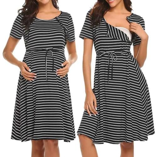 Breastfeeding Pyjamas Woman O-neck Stripe Short Sleeve Breast-feeding Pregnant Maternity Nursing Dress Vetement Femme Enceinte