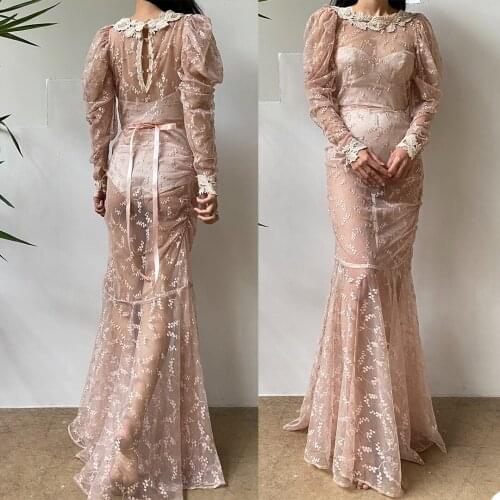 Summer Robes Womens Prom Dresses Lace Appliques Jewel Neck Long Sleeves Birthday Party Bridal Fluffy Party Gowns Custom Made