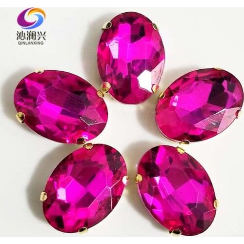 Rose red oval shape High quality Glass Crystal sew on stones,golden bottom claw rhinestone,Diy/Clothing accessories SWTG09