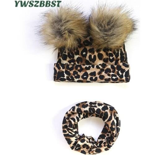 New Cotton Kids Scarf Hat Sets Leopard Flowers Pompom Ball Cap Boys Head Cover Baby Girls Hat Scarf Autumn Winter Warm Baby Hat