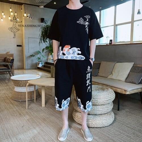 Japanese Traditional Loose Summer Kimono Pants Short-sleeved T-shirt Suits Men Japan Print Shorts Cardigan Harajuku Clothes Sets