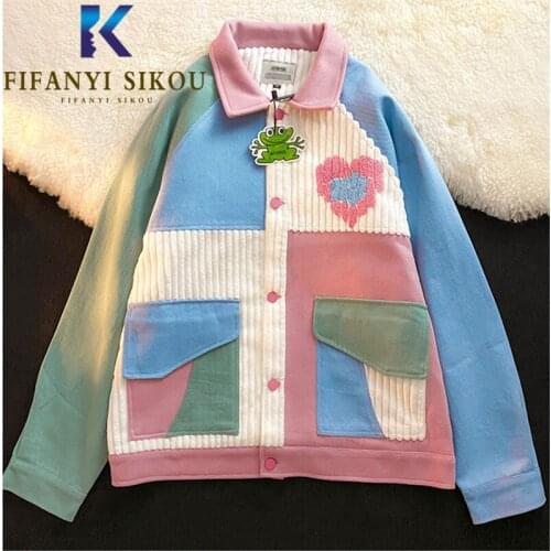 Corduroy Jacket Coat Women Streetwear 2021 New Pocket Lapel Fashion Patchwork Bomber Jacket Female Autumn Loose Casual Outerwear