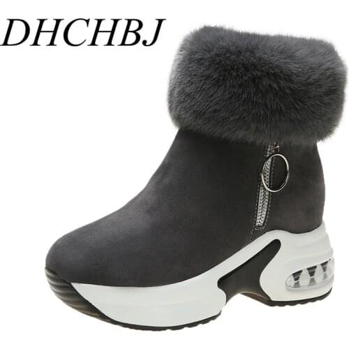 2019 Winter Women Ankle Boots 8.5 CM Heels High Top Wedge Boots Warm Fur Platform Leather Sneakers Cotton Snow Boots For Woman