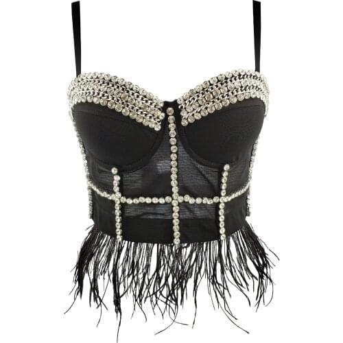 Women Sexy Designer Crystal Diamonds Mesh Black White Feathers Cotton Camisole Tops Summer 2021 Ladies Trendy Camis Crop Tops