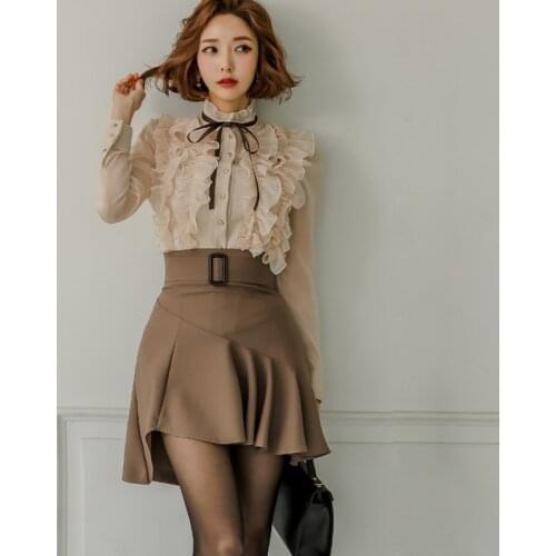 Autumn Fashion Goddess Sets Women Perspective Ruffles Chiffon Tops + High Waist Mini Korean Sashes Skirt Feminine Suits