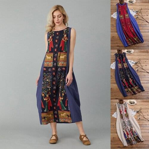 The new 2020 summer national style retro womens round neck A-line skirt dress