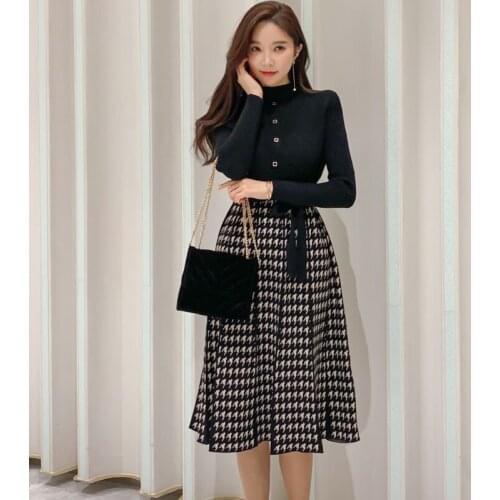 Spot Korean Style Color-blocking Knitted Womens Dress In The Long Section Waist Was Thinner A-line Sweater Sress Fairy Grunge