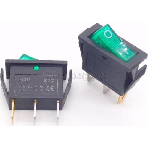 10Pcs Rocker Switch 15A 250V 30A 220VAC 3Pin With Green Light KCD3-102/N 15*32 mm Power Switch