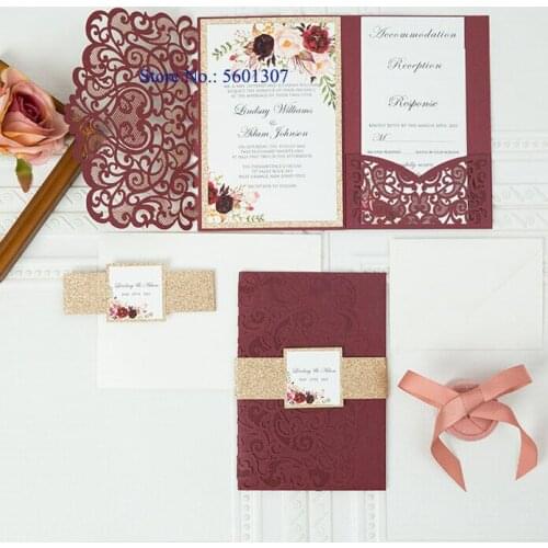 50pc Burgundy Sweetheart Flower Personalized Print Wedding Invitation with Rose Gold Glitter Bottom DIY Cards for Anniversary