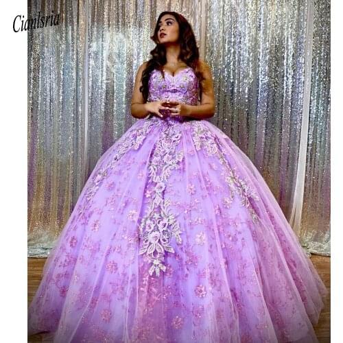 Lavender Sequined Floral Tulle Appliques Ball Gown Quinceanera Dresses Sleeveless Open Back Sweet 16 Prom Party Dress