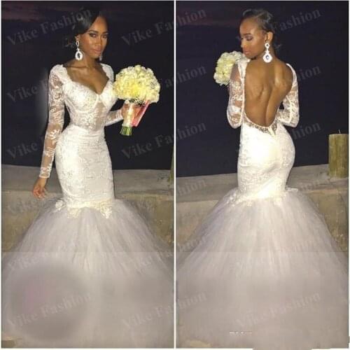 White lace appliques mermaid wedding dresses long sleeves open back sweetheart trumpet bridal gowns puffy tulle wedding