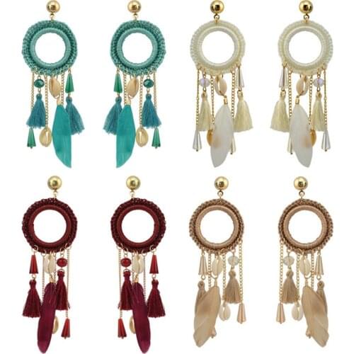 Bohemian Women Gold Metal Crystal Resin Bead Earrings Shell Feather Long Tassel Drop Dangle Earrings Fringe For Party Jewelry
