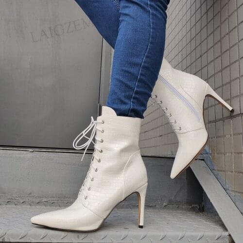 DOHBANER Women Ankle Boots Pointed Toe Shoelace Side Zip Thin High Heels Short Boots Ladies Shoes Woman Shoes Big Size 39 44 48