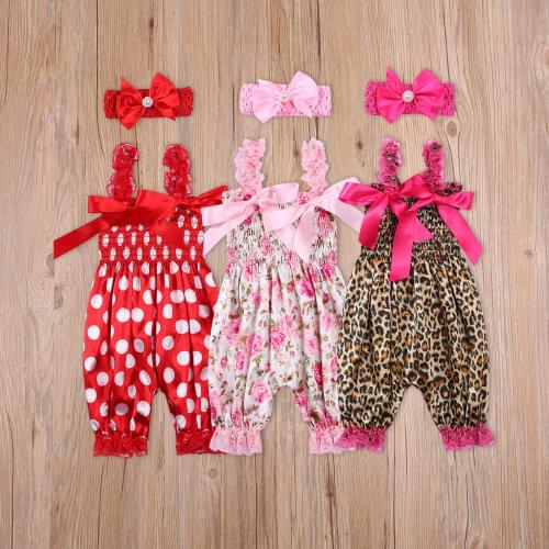 Kids Jumpsuit with Headband Girls Dots/ Flower/ Leopard Print Bow Sleeveless Romper with Elastic Shoulder Strap+ Headwear