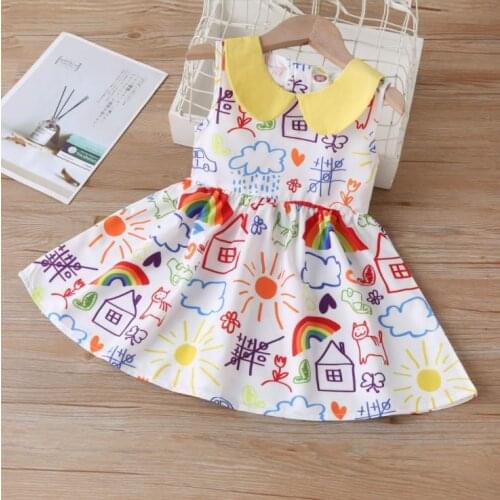 Kids Girl Summer Sleeveless Dress Sweet Drawing Graffiti Printing High Waist A-line Princess Dresses Sundress