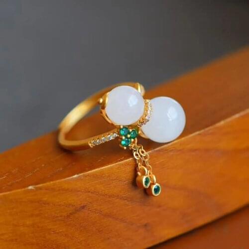 Ancient Gold S925 Sterling Silver round Beads Ring Palace Style Retro Natural Hetian Jade Tassel Ring Ethnic Style Jewelry