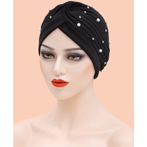 Elastic Women Beads Pleated Turban Caps Muslim Twist Bonnet Hijab Female Hair Loss Hat Ready to Wear Hijabs Head Wraps Cap