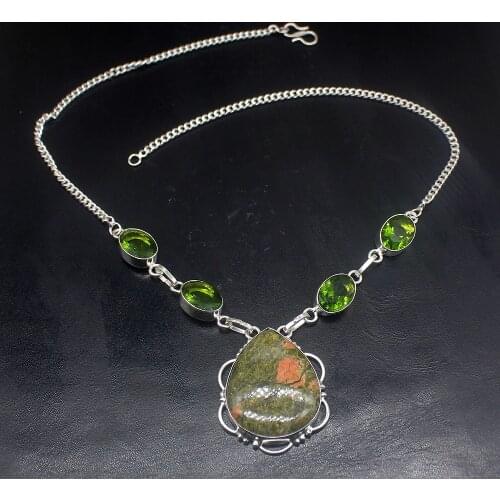 Hermosa Jewelry Natural Green Unakite Peridot Shiny Silver Color Women Ladies Gifts Pendant Necklace Chain 44cm 20213387