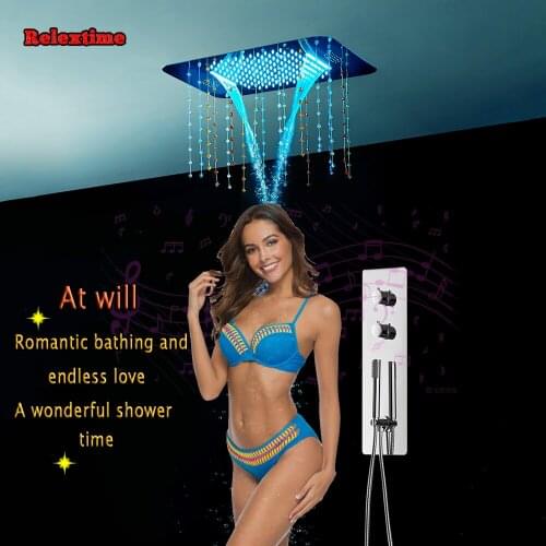Crystal Pendant Bluetooth Music LED Ceiling Shower Head Concealed Thermostatic Shower Set Panel Faucet Tap Shower Speaker System