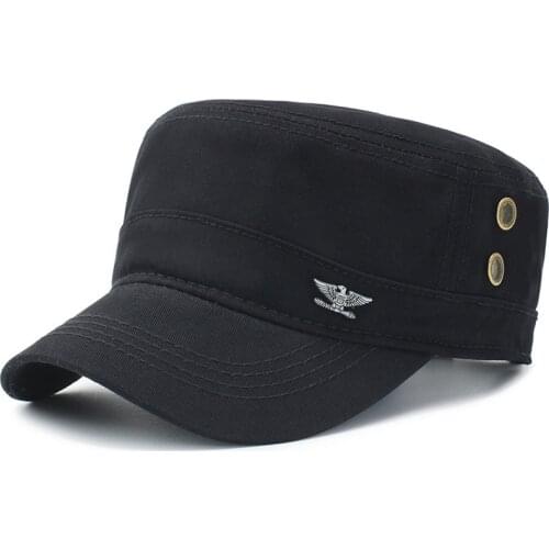 Unisex Cotton Adjustable Flat Top Cap Solid Brim Cap Army Cadet Classical Style Military Hat Stylish Peaked Cap Casual Sun Hat