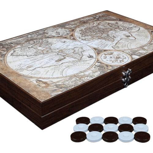Trend Ancient Map Backgammon Board Game Set - Inner Outer Leather Edges Wooden