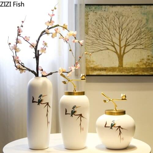 Creative Chinese Retro ceramics calligraphy bird Copper cover vase Flower arrangement Home decoration ornaments vases