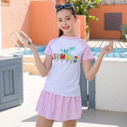 Summer Girls Beachwear 3PCS Set Kids Short Sleeve Short Skirt Bathing Suit Sport Swimwear +Cover Up Swimsuit Beach Dress Girls