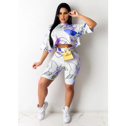 Fashion Casual Women Outdoor Home Round Neck Printed Short-Sleeved Two-Piece Spring And summer Shorts