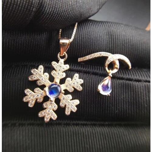 Natural blue moonstone gem jewelry sets natural gemstone pendant ring 925 silver grace water drop snowflake women party jewelry