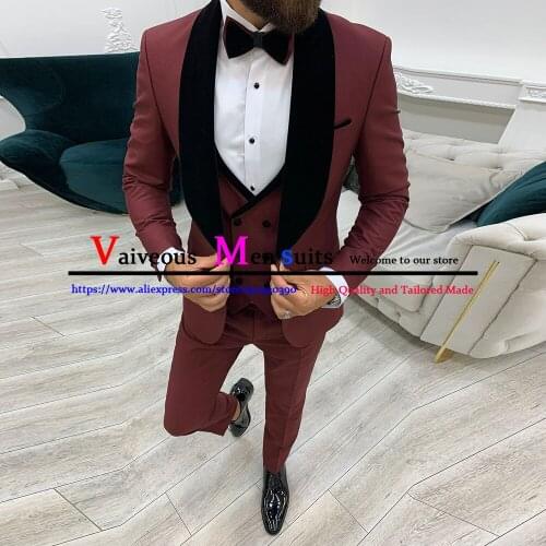 2021 New Male Wedding Prom Suit Burgundy Slim Fit Tuxedo Men Formal Business Work Wear Suits 3 Piece Set (Jacket+Pants+Vest)