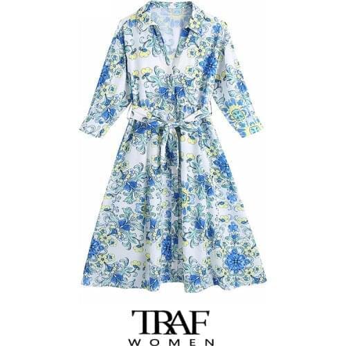 TRAF Za Women Fashion With Belt Floral Print Midi Shirt Dress Vintage Long Sleeve Button-up Female Dresses Vestidos Mujer
