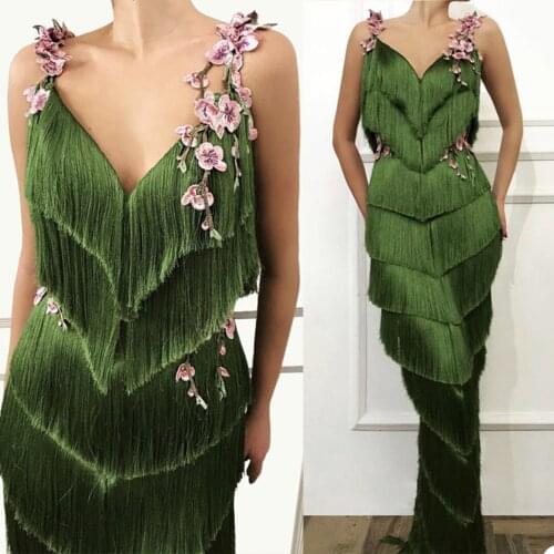 Fashion Evening Dresses V Neck Spaghetti Straps Appliques Feather Special Occasion Gowns Custom Made Floor Length Prom Dress