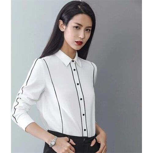 Spring Autumn Fashion Shirts Office OL Style Commute Blouses Temperament Polo-Neck Long Sleeve Casual White Tops Blusas MM0674