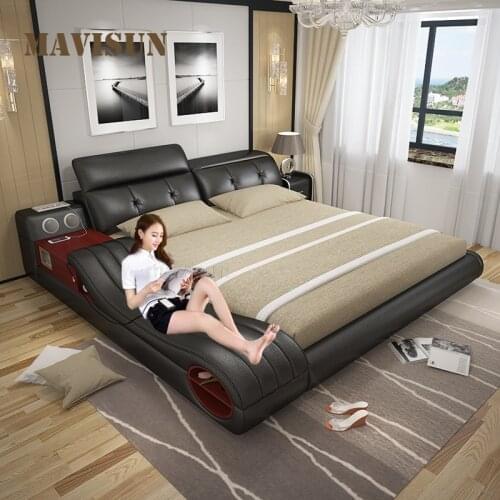 Modern Simple Genuine Leather Master Bedroom Queen Double Bed Light Luxury Multifunctional Upholstered Tatami Bed Massage Sofa