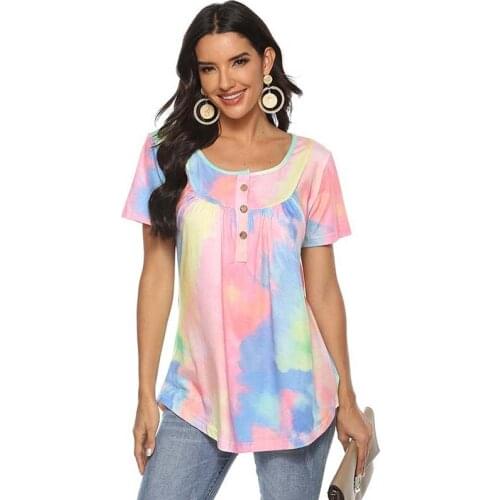 Tie-dye Casual T-shirts Womens O-neck Short Sleeve Buttons Plus Size Ladies Tee Shirt Loose Streetwear Fashions Femme Tops 2021