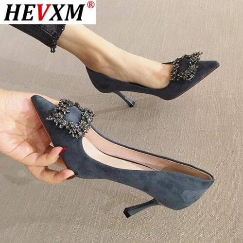 Elegant Solid Flock Women Pumps Fashion Metal Decoration Luxury Crystal Dress Shoes Sexy Pointed Party Wedding Thin High Heels