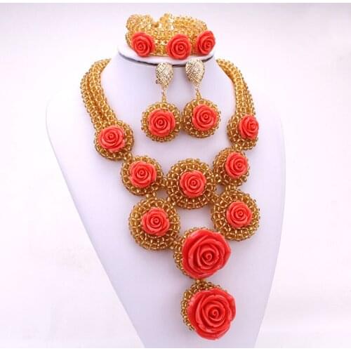 4UJewelry African Gold Jewelry Set Red Coral Flower Nigerian Wedding Beads Jewellery Set 2021