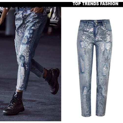 Womens Clothing Summer 2021 Loose Mid Waist Straight Cropped Jeans Female Popular Embroidered Sequins Washed Ripped Denim Pants