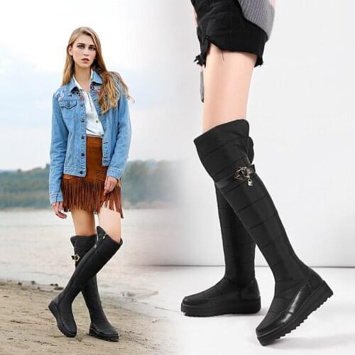 2021 Womens Winter Snow Boots Shoes for Woman Over Knee Warm Fur Waterproof Boots Wedges Med Heels Shoes Plus Size 35-44